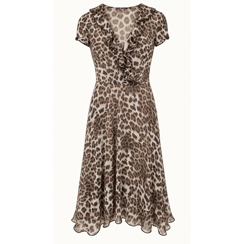 MSK Leopard Print Dress 6 Brown Ruffle V-Neck Midi Fit Flare Mob Wife Aesthetic